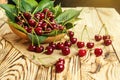 Cherries in basket on wooden table.Cherry. Cherries in bowl. Red