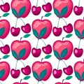 Cherries berries with red apples. Vector seamless pattern on white Royalty Free Stock Photo