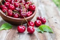 Cherries in bowl on wooden background