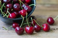 Cherries in bowl on wooden table Royalty Free Stock Photo