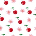 Cherries and cherry blossom seamless pattern, watercolor sweet food illustration for backgrounds, wallpaper, fabric or wrapping