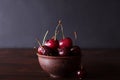 Cherries. Cherry. Cherries in ceramic bowl . Red cherry. Fresh cherries. Cherry on dark background.