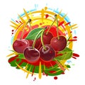 Cherries. The cherry is ripe, juicy. Summer berry. Sunbeams and splashes of juice. Vector isolated on white background. Red