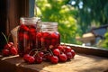 Cherries Compote in Glass Jars, Canned Fruit Drinks, Homemade Cherries Jam Jars on Rustic Window