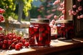 Cherries Compote in Glass Jars, Canned Fruit Drinks, Homemade Cherries Jam Jars on Rustic Window