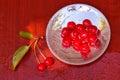 Cherries with cuttings in an iron plate Royalty Free Stock Photo