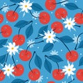 Colorful seamless pattern with ripe cherries, flowers. Decorative background, funny berries Royalty Free Stock Photo