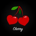Cherries in the form of red hearts with green leaves on a black background. Flat illustration, berry logo