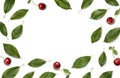 Cherries. Frame with red ripe cherry berries and leaves on white background. Flat lay, top view Royalty Free Stock Photo