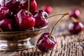 Cherries. Fresh sweet cherries. Delicious cherries with water drops in retro bowl on old oak table Royalty Free Stock Photo