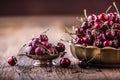 Cherries. Fresh sweet cherries. Delicious cherries with water drops in retro bowl on old oak table Royalty Free Stock Photo