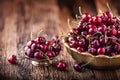 Cherries. Fresh sweet cherries. Delicious cherries with water drops in retro bowl on old oak table Royalty Free Stock Photo