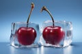 Cherries frozen in ice cubes on blue background, closeup Royalty Free Stock Photo