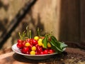 Cherries, fruit berries, harvest ripe and juicy fruits. top copy space. food background Royalty Free Stock Photo