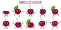 Cherries fruit cute funny cheerful characters with different poses and emotions