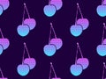 Cherries with a gradient and dots in the style of pop art, dotted points. Seamless pattern. Retrowave. Vector