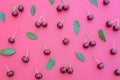 Cherries and green leaves pattern on deep pink background