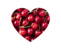 Cherries in heart shape isolated on a white. Fresh red cherries. Texture blueberry berries close up. Cherry fruit. Cherries with c