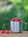 Cherries in iron cup on table