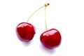 Two sweet red cherry fruits isolated on a white background Royalty Free Stock Photo