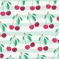 Cherries kawaii fruits pattern set on decorative lines color background