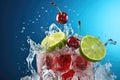 Cherries and lime in water splash with ice cubes on blue background Royalty Free Stock Photo