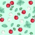 Cherries, mint leafs and ice cubes hand draw vector seamless pattern.