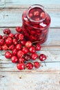 Cherries beside open jar of Cherry compote Royalty Free Stock Photo