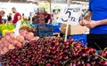 Cherries and other fresh fruits / vegetables are sold in a local market in Antalya