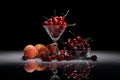 Cherries and peaches on a dark background