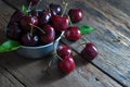 Cherries are placed in the zinc cup and put on a rustic wooden floor, horizontal closeup. Royalty Free Stock Photo