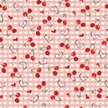 Cherries with plaid gingham print hearts seamless fabric design pattern