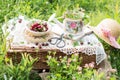 Cherries in plate on  picnic suitcase with crocheted tablecloth, decorated vase watering can  with clovers in it on the book Royalty Free Stock Photo