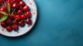 Cherries on plate. Top view. Free space for text. Food photography. Horizontal format, for advertising, banner, AI generated