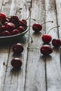 Cherries in plate on wooden background, vertical shot