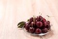 Cherries in plate on wooden table