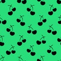 Cherries. Silhouette. Seamless berry ornament. Repeating vector pattern. Outline on an isolated green background. Flat style. Royalty Free Stock Photo