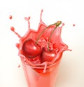 Cherries splashing into a glass full of milkshake.