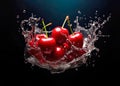 Cherries splashing in water on a dark background