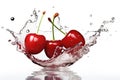Cherries splashing in water on white background