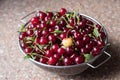 Cherries in a steel sieve. top view, texture Royalty Free Stock Photo