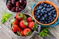 Cherries, Strawberries, and Blueberries in a Bowls Royalty Free Stock Photo