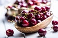 Cherries. Sweet Cherries. Fresh Cherries. Ripe cherries on wooden concrete table - board Royalty Free Stock Photo