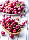 Cherries. Sweet Cherries. Fresh Cherries. Ripe cherries on wooden concrete table - board Royalty Free Stock Photo