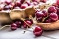 Cherries. Sweet Cherries. Fresh Cherries. Ripe cherries on wooden concrete table - board Royalty Free Stock Photo