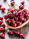 Cherries. Sweet Cherries. Fresh Cherries. Ripe cherries on wooden concrete table - board Royalty Free Stock Photo