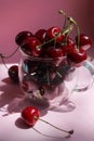 Cherries in transparent bowl, pink background. Red cherry. Fresh cherries. healthy food concept