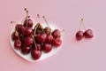 A lot of cherries on a white plate in the form of a heart on a pink background Royalty Free Stock Photo