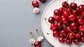 Cherries on white plate. Top view. Food photography. Horizontal format, for banner, poster, site, AI generated Royalty Free Stock Photo