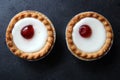 Cherry bakewell tarts in foil case on dark background looking like eyes Royalty Free Stock Photo